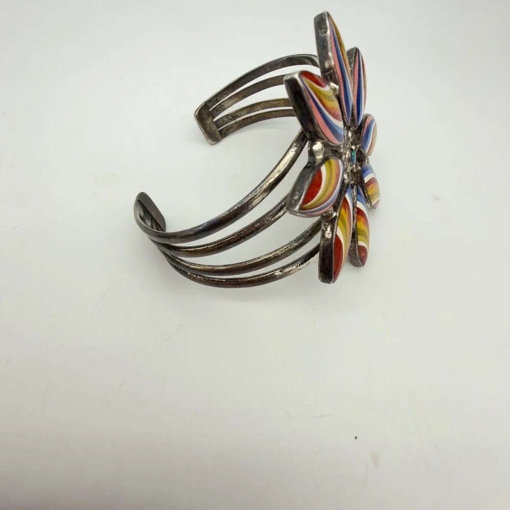 Vtg Sterling Silver Multi Stone Inlay Large Flower Cuff Bracelet One of a Kind